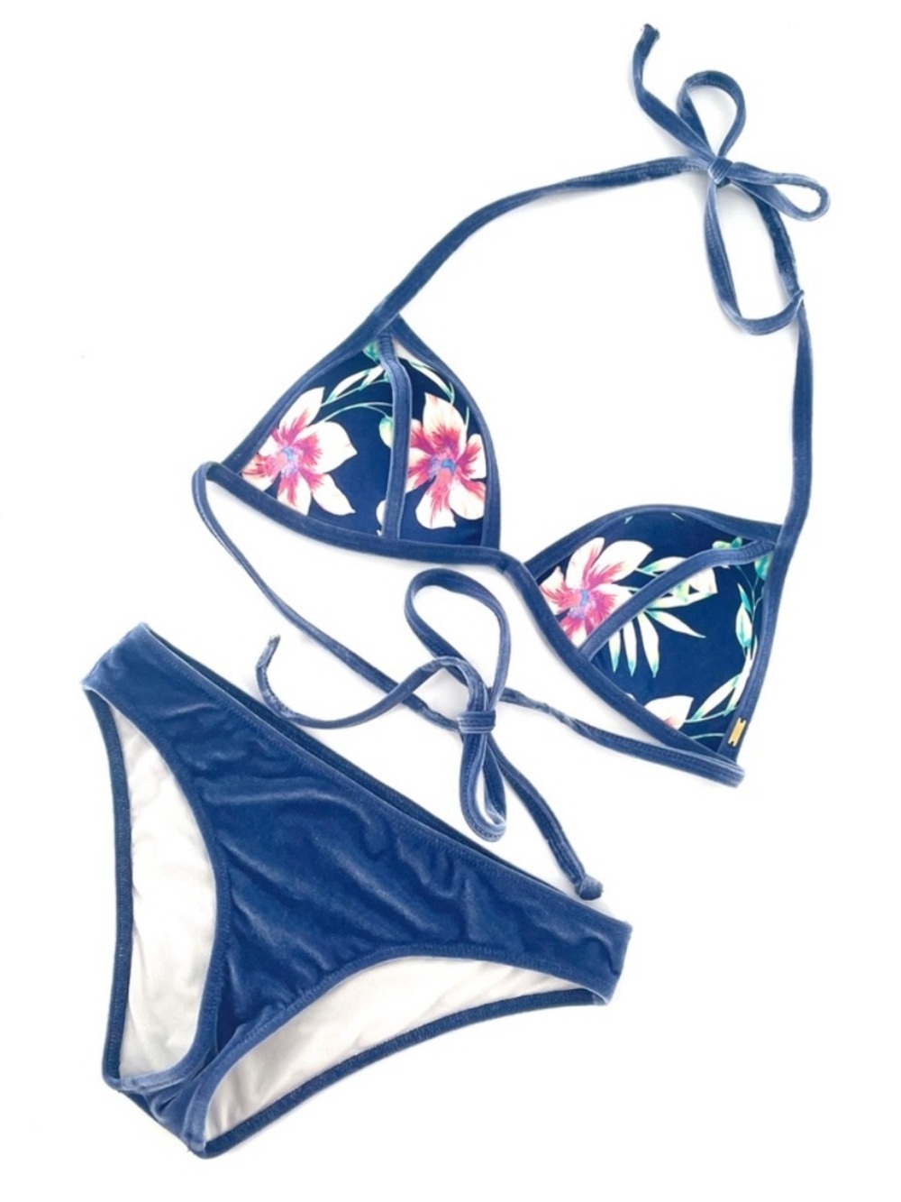 Victoria's Secret PINK Blue Velvet & Floral Print Two Piece Bikini Set SZ‎ Large